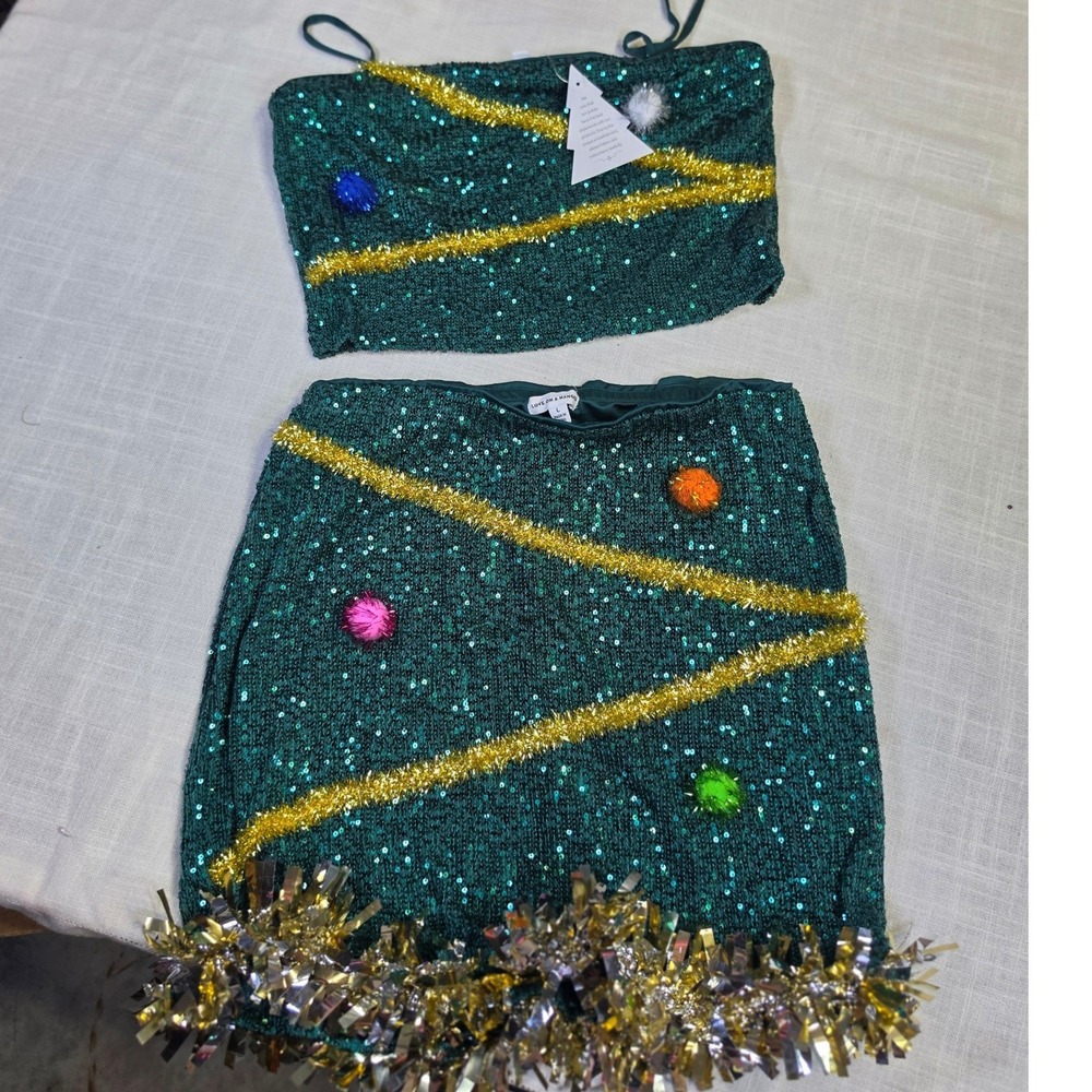 Love On A Hanger Ugly Christmas Tree Sequin Skirt and Top Set Green Large